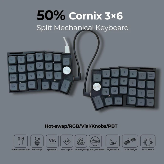 Alt view image 2 of 5 - SZRKBD Cornix Split Ergonomic Mechanical Keyboard, Wired 50% 3X6 Layout with Knob, Hot-Swappable, Vial Programmable, RGB Backlit, PBT Keycap (Silent Switch)