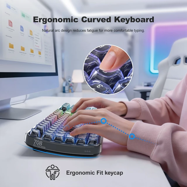 Alt view image 3 of 5 - SQMD Clear Wireless Keyboard, Tri-Mode Bluetooth/2.4G Rechargeable Keyboard with RGB Backlit, Ergonomic Computer Keyboard with Transparent Keycaps for PC Laptop Desktop Home Office-Black Pearl