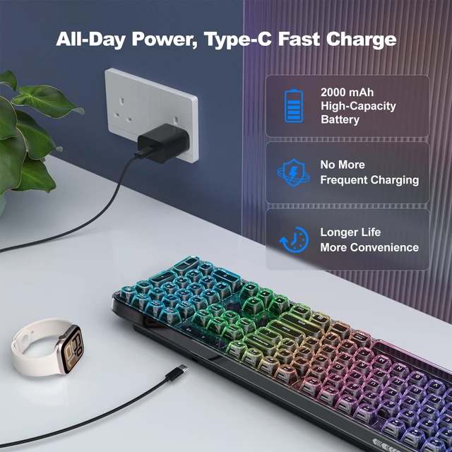 Alt view image 5 of 5 - SQMD Clear Wireless Keyboard, Tri-Mode Bluetooth/2.4G Rechargeable Keyboard with RGB Backlit, Ergonomic Computer Keyboard with Transparent Keycaps for PC Laptop Desktop Home Office-Black Pearl