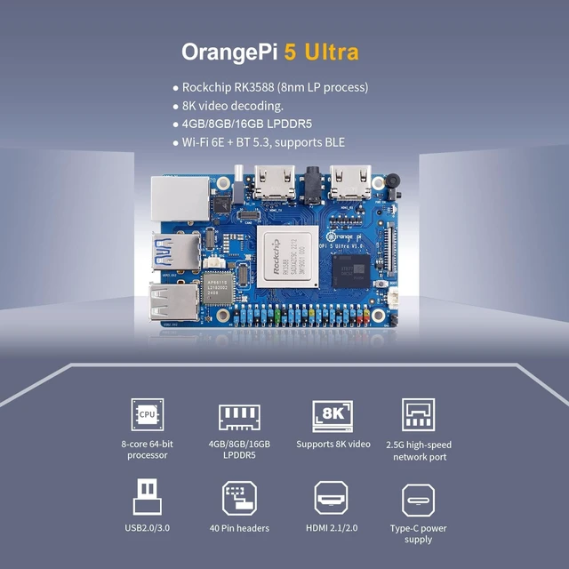 Alt view image 2 of 5 - Orange Pi 5 Ultra 8GB/16GB LPDDR5 Rockchip RK3588 8-Core 64-Bit Single Board Computer, Wi-Fi 6E/Bluetooth 5.3/BLE, Development Board Run Linux/Ubuntu/Debian/Android (16GB+Power Supply)
