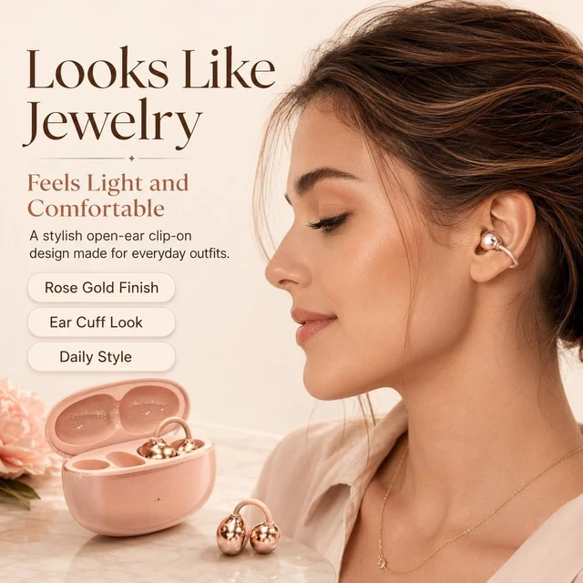 Alt view image 2 of 5 - Clip-On Open Ear Earbuds, Bluetooth 6.0 Wireless Headphones, Rose Gold