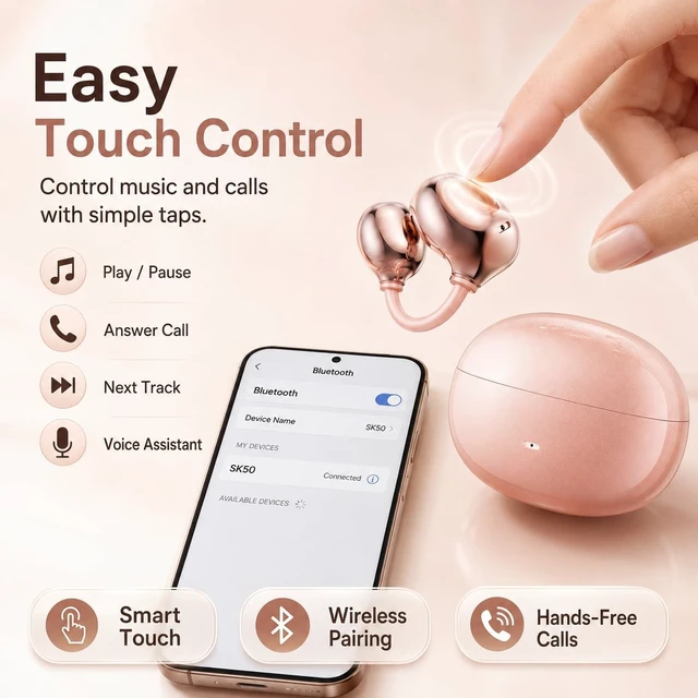 Alt view image 5 of 5 - Clip-On Open Ear Earbuds, Bluetooth 6.0 Wireless Headphones, Rose Gold