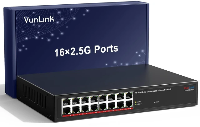Main image of 16 Port 2.5G Ethernet Switch Unmanaged, VunLink 162.5Gbps RJ45 Ports Network Switch, Plug & Play, 100/1000/2500Mbps, Desktop/Rackmount, Fanless Metal Design for NAS, PC, AP, Office Network