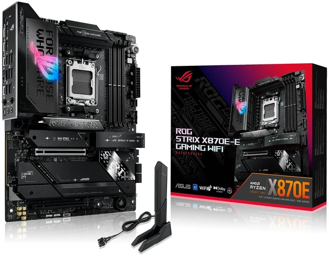 Main image of ASUS ROG Strix X870E-E Gaming WiFi - AMD Ryzen AM5 X870E ATX Gaming Motherboards (DDR5, 18+2+2 DrMOS, 5 x M.2, PCIe 5.0, WiFi 7, USB4 Type-C C, USB 20Gbps Type-C up to 30W, HDMI, Aura Sync RGB)