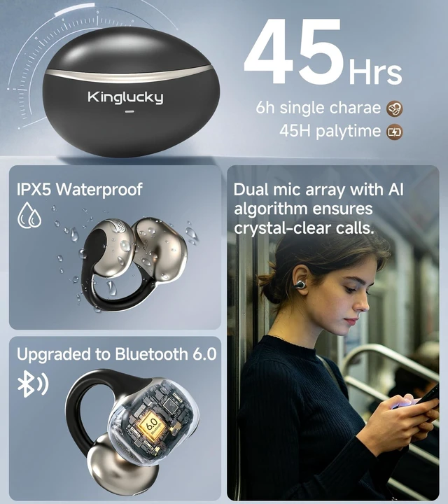 Alt view image 5 of 5 - Kinglucky Clip-On Earbuds,Open-Ear Wireless Bluetooth Headphones