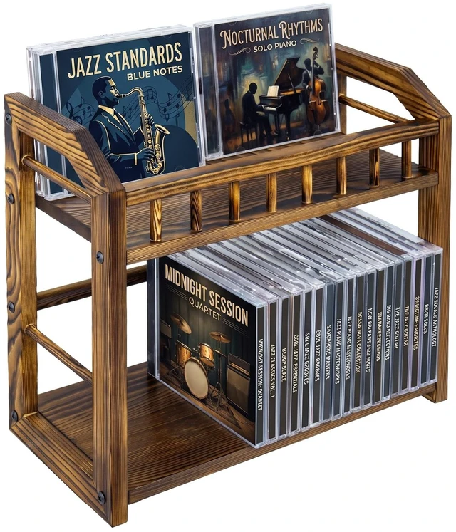 Main image of MyGift 2-Tier Solid Pine Wood CD Storage Rack Dark Burnt Finish Desktop Organizer for 48 CDs, Rustic Space-Saving Media Display Shelf for Home and Office