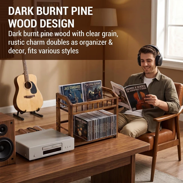 Alt view image 2 of 5 - MyGift 2-Tier Solid Pine Wood CD Storage Rack Dark Burnt Finish Desktop Organizer for 48 CDs, Rustic Space-Saving Media Display Shelf for Home and Office