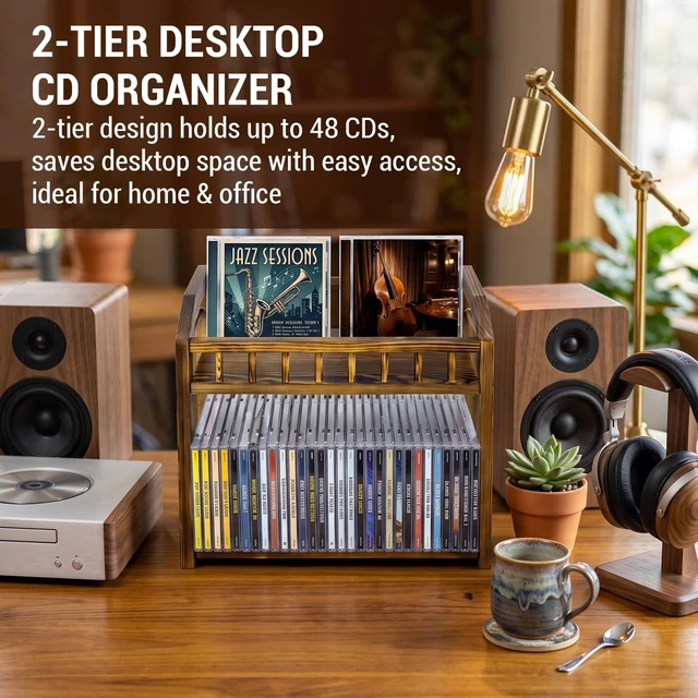Alt view image 3 of 5 - MyGift 2-Tier Solid Pine Wood CD Storage Rack Dark Burnt Finish Desktop Organizer for 48 CDs, Rustic Space-Saving Media Display Shelf for Home and Office