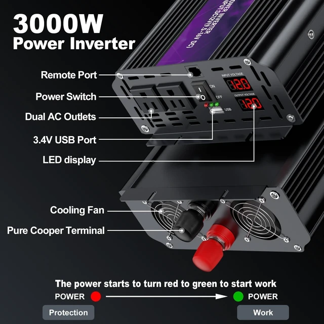 Alt view image 3 of 5 - 3000W Power Inverter 12V DC to 110V/120V AC Converter, 6000W Peak