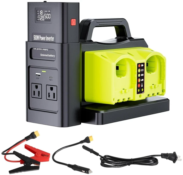 Main image of Pure Sine Wave Inverter Compatible with Ryobi 18V Battery, 2 in 1 500W 4 Ports Power Inverter Battery Charger Generator DC 20V to AC* 2 Outlets, 120V Car Charger Plug, USB&Type-C (Tool Only)