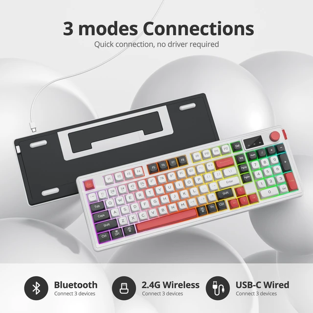 Alt view image 4 of 5 - Mosptnspg RGB Mechanical Feel Membrane Wireless Keyboard, Wired/Bluetooth/2.4G Silent ABS Ball Cap Gasket Structure Gaming Office Keyboard for PC/Mac/Win(98 White)