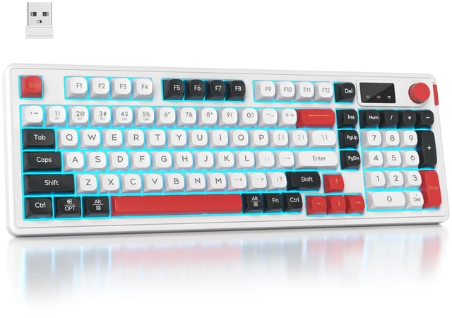 Main image of Mosptnspg RGB Mechanical Feel Membrane Wireless Keyboard, Wired/Bluetooth/2.4G Silent ABS Ball Cap Gasket Structure Gaming Office Keyboard for PC/Mac/Win(98 White)