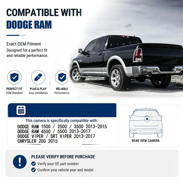 Alt view image 5 of 5 - 56038978AL Marretoo Rear View Backup Camera Compatible Fit for 2013-2015 Dodge Ram 1500 2500 3500 4500 5500 Fit for 2013-2017 Dodge Viper Fit for 2015 Chrysler 200