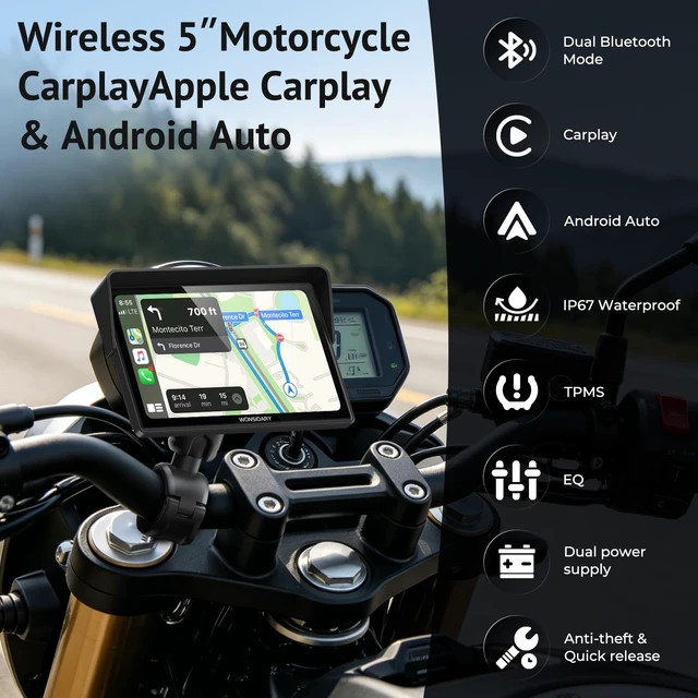 Alt view image 2 of 5 - Wonsidary 5" Wireless Motorcycle CarPlay & Android Auto with TPMS Screen