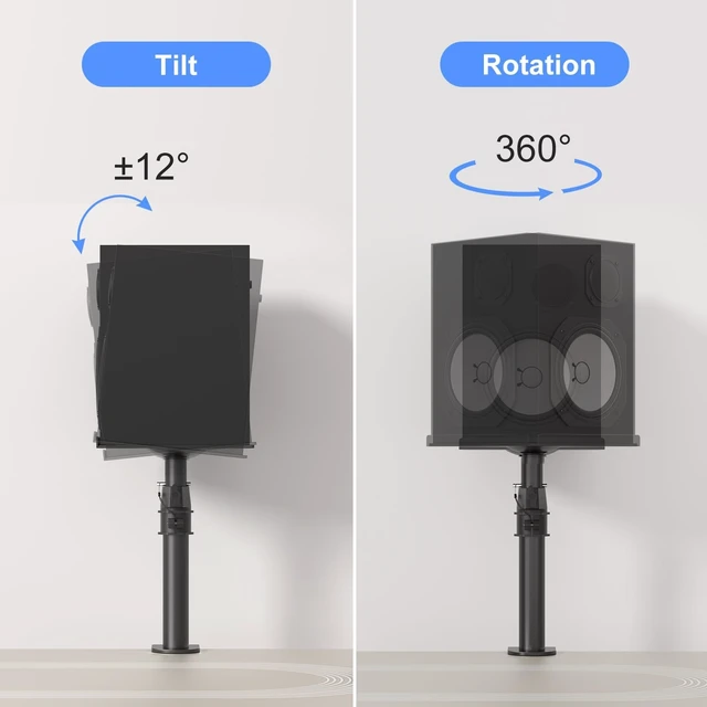 Alt view image 2 of 5 - suptek Tall Clamp-on Speaker Stands Desk Mount, Height Adjustment, Tilt, Swivel, 9.6 x 8.8 Trays, Universal Audio Holders for Computer and Bookshelf Speakers, Elevated Sound, 2 Pack, Black, SDM001H