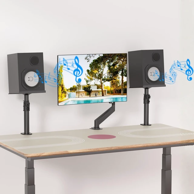Alt view image 3 of 5 - suptek Tall Clamp-on Speaker Stands Desk Mount, Height Adjustment, Tilt, Swivel, 9.6 x 8.8 Trays, Universal Audio Holders for Computer and Bookshelf Speakers, Elevated Sound, 2 Pack, Black, SDM001H