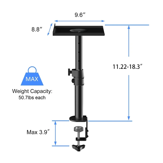 Alt view image 4 of 5 - suptek Tall Clamp-on Speaker Stands Desk Mount, Height Adjustment, Tilt, Swivel, 9.6 x 8.8 Trays, Universal Audio Holders for Computer and Bookshelf Speakers, Elevated Sound, 2 Pack, Black, SDM001H
