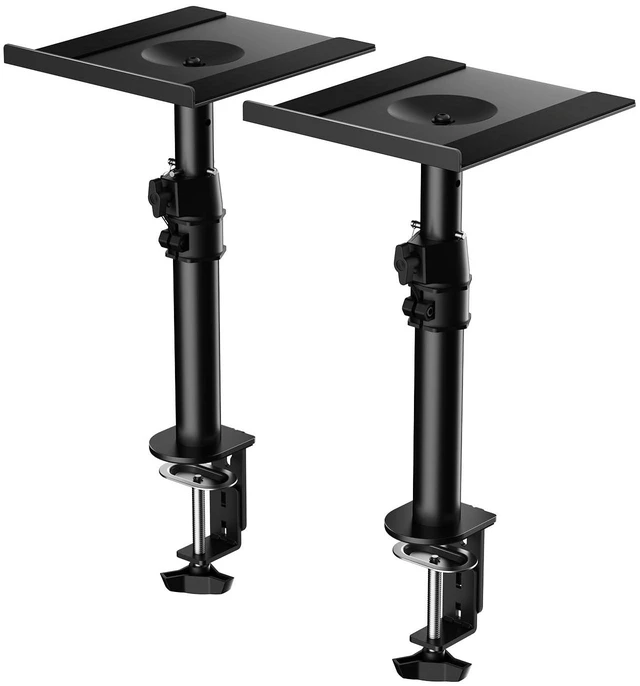 Main image of suptek Tall Clamp-on Speaker Stands Desk Mount, Height Adjustment, Tilt, Swivel, 9.6 x 8.8 Trays, Universal Audio Holders for Computer and Bookshelf Speakers, Elevated Sound, 2 Pack, Black, SDM001H