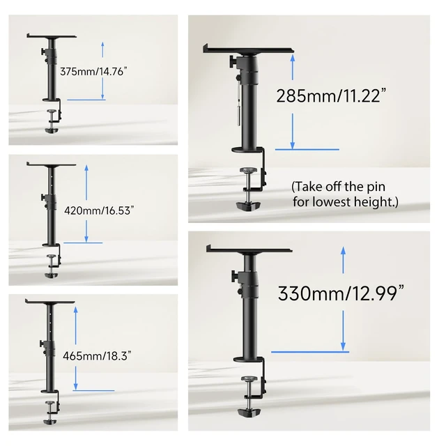 Alt view image 5 of 5 - suptek Tall Clamp-on Speaker Stands Desk Mount, Height Adjustment, Tilt, Swivel, 9.6 x 8.8 Trays, Universal Audio Holders for Computer and Bookshelf Speakers, Elevated Sound, 2 Pack, Black, SDM001H