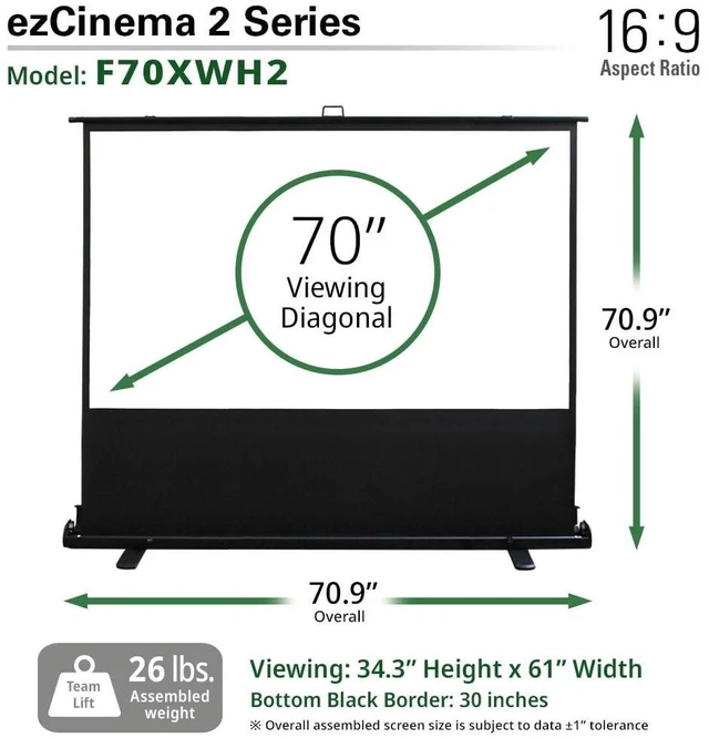 Alt view image 5 of 5 - Elite Screens ezCinema 2, 70-inch 16:9, Manual Floor Pull Up Scissor Backed Projector Screen, Portable Home Theater Office Classroom Projection Carrying Bag, US Based Company 2-Year Warranty, F70XWH2