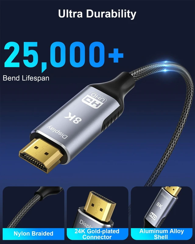 Alt view image 5 of 5 - 8K DisplayPort to HDMI 2.1 Cable 6.6FT - 8K@60Hz 4K@240Hz, Dynamic HDR