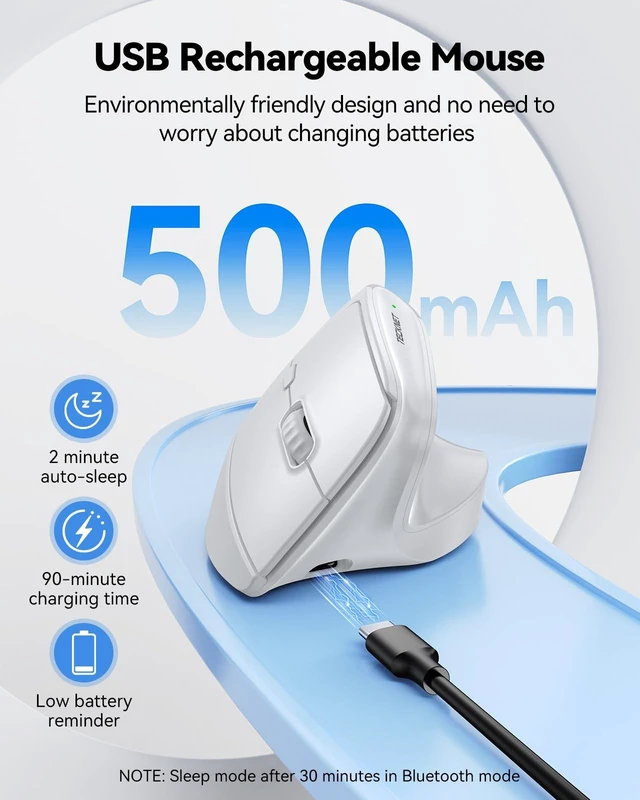 Alt view image 5 of 5 - TECKNET Vertical Ergonomic Wireless Bluetooth Mouse, Silent Rechargeable Bluetooth Mouse(BT 5.0/5.0+2.4G), 5-Level 4800 DPI, 200H Long Battery Life, Compatible with Windows/Mac/Linux/Android/Ch