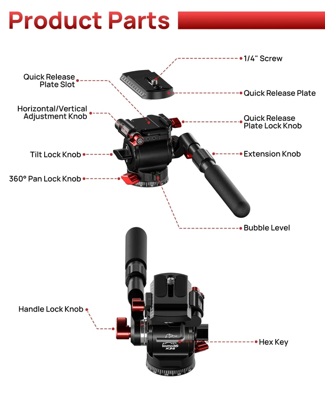 Alt view image 2 of 5 - IFOOTAGE Komodo K3S Fluid Head, 5kg Load Capacity Video Tripod Head with Portrait/Landscape Quick Switch, 360 Pan & +90/-75 Tilt, Extendable Handle, Bubble Level