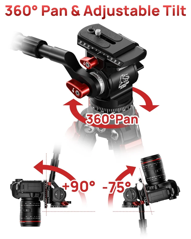 Alt view image 4 of 5 - IFOOTAGE Komodo K3S Fluid Head, 5kg Load Capacity Video Tripod Head with Portrait/Landscape Quick Switch, 360 Pan & +90/-75 Tilt, Extendable Handle, Bubble Level