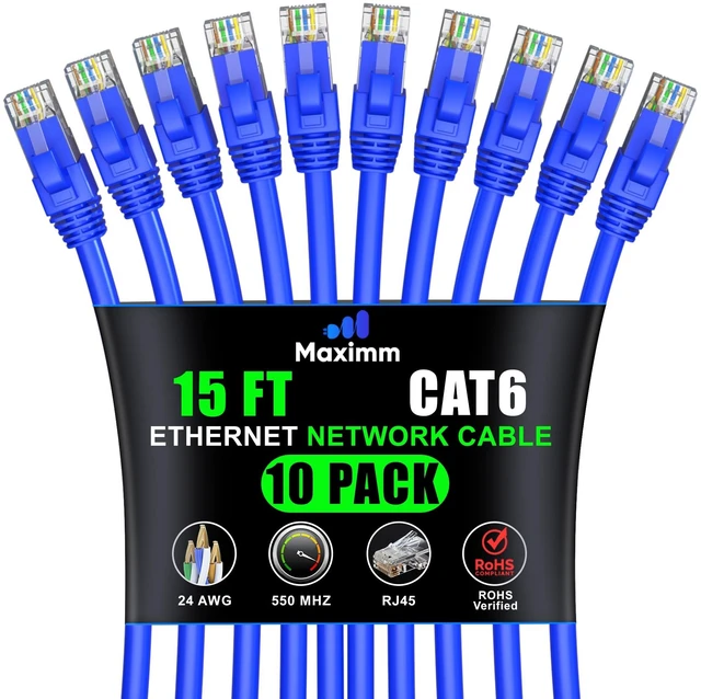 Main image of Maximm Cat6 Ethernet Cable 15 Ft, 10 Gbps 550 MHz, Blue, 10 Pack
