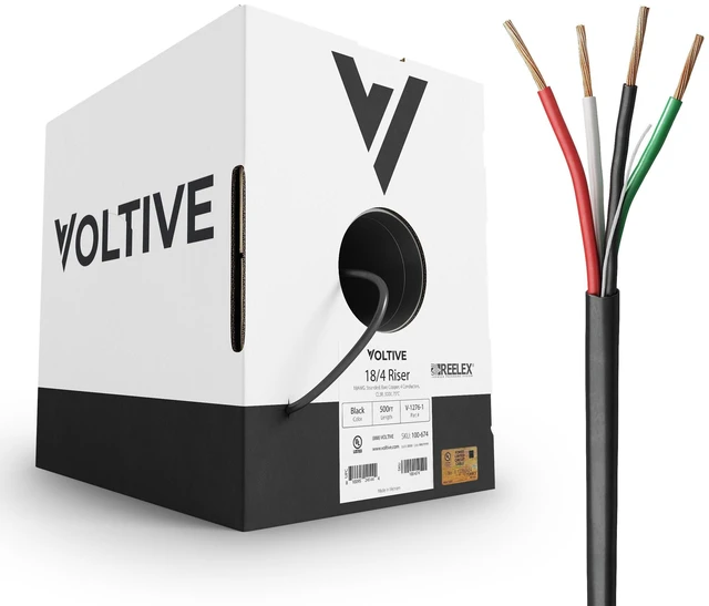 Main image of Voltive 18/4 Low Voltage Wire, Riser CL3R, Black, 500ft - 18AWG, 4 Conductors, Stranded Bare Copper, UL Listed - V-1276-1