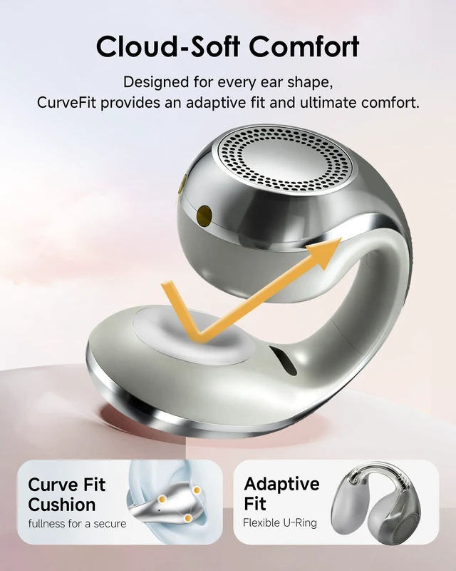 Alt view image 4 of 5 - King Lucky Clip-On Earbuds,Comfort Air Cushion Open Ear Earbuds Wireless Bluetooth 6.0 Multipoint, Open Ear Headphones with Mic,Anti-Mistouch,45H Playtime for Sports,Small Ears&Sleep (Silver)
