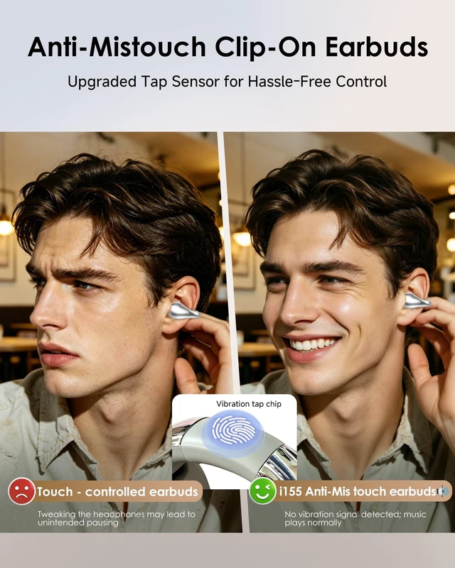 Alt view image 5 of 5 - King Lucky Clip-On Earbuds,Comfort Air Cushion Open Ear Earbuds Wireless Bluetooth 6.0 Multipoint, Open Ear Headphones with Mic,Anti-Mistouch,45H Playtime for Sports,Small Ears&Sleep (Silver)