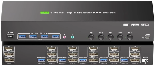 Main image of HDMI + DP KVM Switch 3 Monitors 5 Computers, 2K240Hz/8K60Hz/4K120 Triple Monitor KVM Switches for 5 Computers Sharing 3 Monitors, Keyboard and Mouse Audio,with USB Cables,Controller and Power Adapter