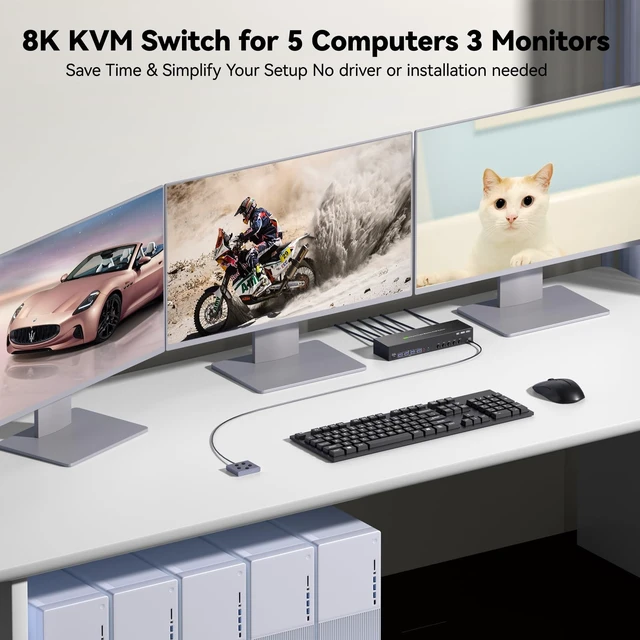 Alt view image 3 of 5 - HDMI + DP KVM Switch 3 Monitors 5 Computers, 2K240Hz/8K60Hz/4K120 Triple Monitor KVM Switches for 5 Computers Sharing 3 Monitors, Keyboard and Mouse Audio,with USB Cables,Controller and Power Adapter
