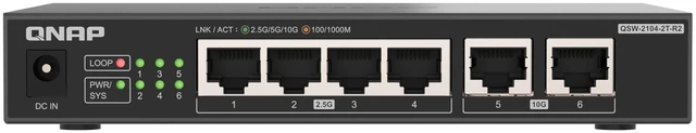 Main image of QNAP Switch QSW-2104-2T-R2 ^^ 2X 10GbE, 4X 2.5GbE, Plug & Play Unmanaged, Fanless