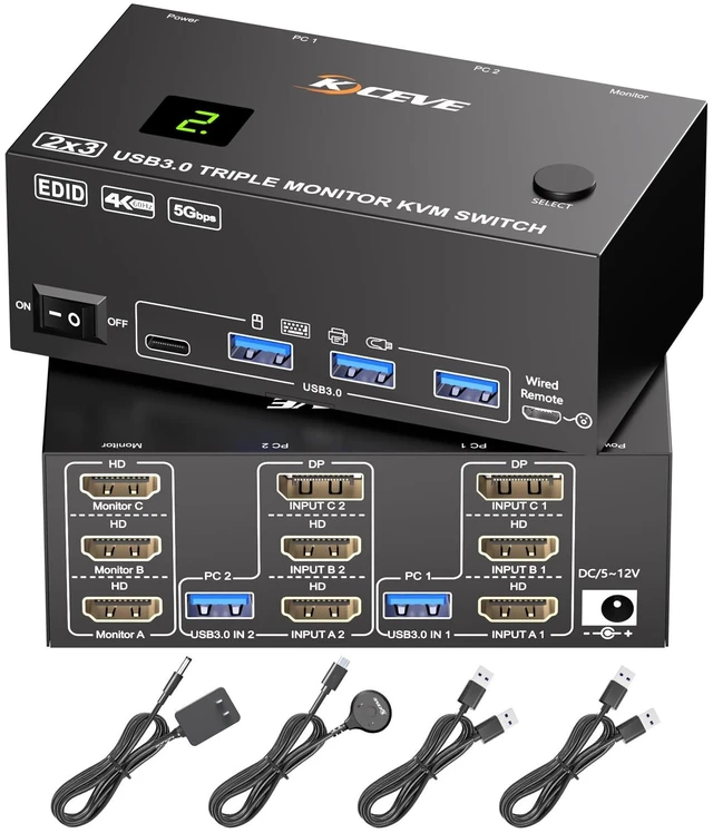 Main image of KVM Switch 3 Monitors 2 Computers EDID Simulation,4K@60Hz HDMI Displayport Triple Monitor KVM Switch,3 Monitor KVM with 4 USB 3.0 Ports for Keyboard Mouse, Wired Remote and 2 USB3.0 Cables Included