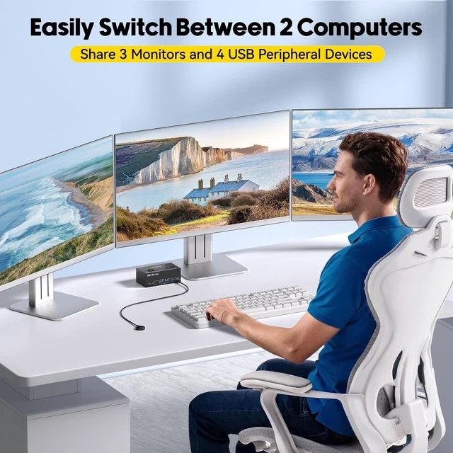 Alt view image 2 of 5 - KVM Switch 3 Monitors 2 Computers EDID Simulation,4K@60Hz HDMI Displayport Triple Monitor KVM Switch,3 Monitor KVM with 4 USB 3.0 Ports for Keyboard Mouse, Wired Remote and 2 USB3.0 Cables Included