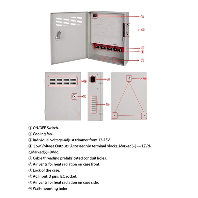 Alt view image 4 of 5 - Xenocam 4K CCTV Power Supply 8 Channel Adjustable DC11V ~DC15V 16 Amp Output Reset Fuse with Anti-Ripple and Anti-EMI Interference Circurt Designed for 4K IP/CCTV Security Cameras System