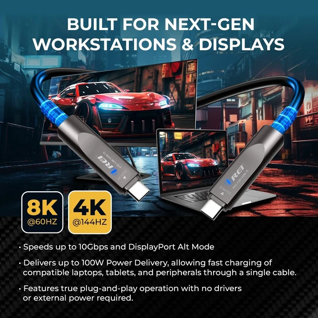 Alt view image 3 of 5 - OREI 8K USB-C 3.2 Fiber Optic Cable 15ft 10Gbps, 100W PD, DP Alt Mode