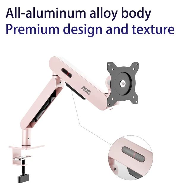 Alt view image 4 of 5 - AOC AM400PLUS Premium Aluminum Single Monitor Arm, Mechanical Spring, 1734 Inch, 4.419.8 lbs, VESA 75x75/100x100, C-Clamp, Quick Install Desk Mount with Cable Management (Pink)