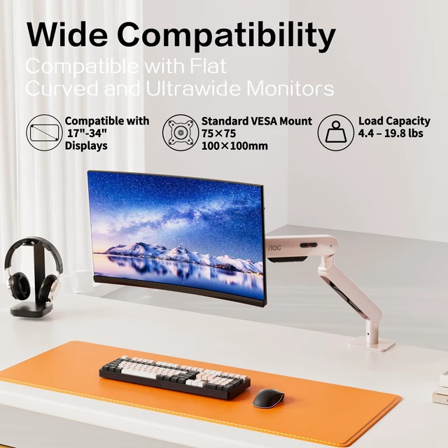 Alt view image 2 of 5 - AOC AM400PLUS Premium Aluminum Single Monitor Arm, Mechanical Spring, 1734 Inch, 4.419.8 lbs, VESA 75x75/100x100, C-Clamp, Quick Install Desk Mount with Cable Management (Pink)