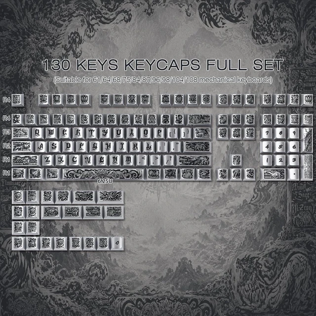 Alt view image 3 of 5 - Hyekit Ancient Gods Metal Texture PBT Keycaps 130 Keys Cherry Profile