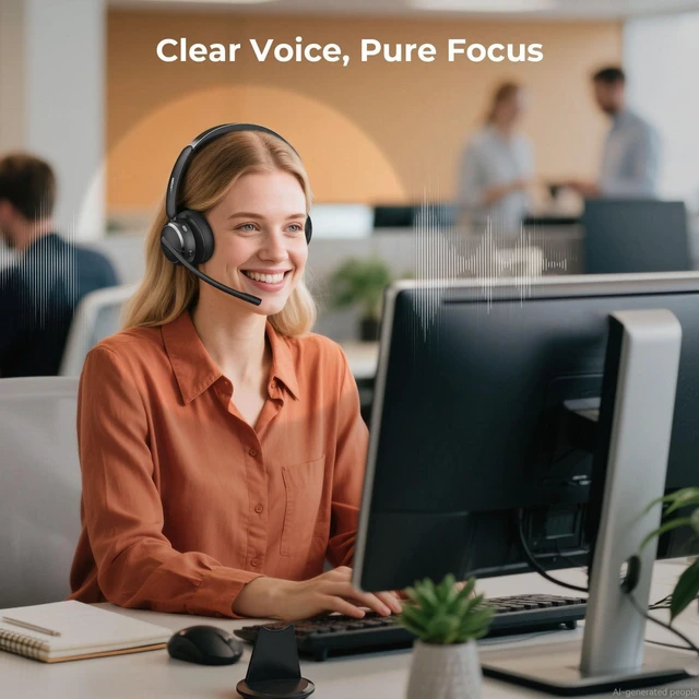 Alt view image 3 of 5 - Wireless Headset with Mic for Work, Bluetooth 6.0 Headset with Microphone for PC, 65H AI Noise Cancelling Mic, 60ft Range, USB Dongle & Charging Base, On-Ear Headphones for Teams Zoom Call Cent