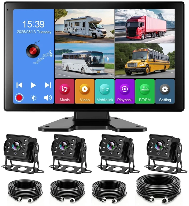 Main image of 4 Channel RV Backup Camera System with 10.1" Touch Screen Monitor, DVR Recording, 4 x 1080P Waterproof Cameras, Quad Split, Bluetooth, for RV Truck Trailer Bus