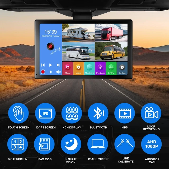 Alt view image 2 of 5 - 4 Channel RV Backup Camera System with 10.1" Touch Screen Monitor, DVR Recording, 4 x 1080P Waterproof Cameras, Quad Split, Bluetooth, for RV Truck Trailer Bus