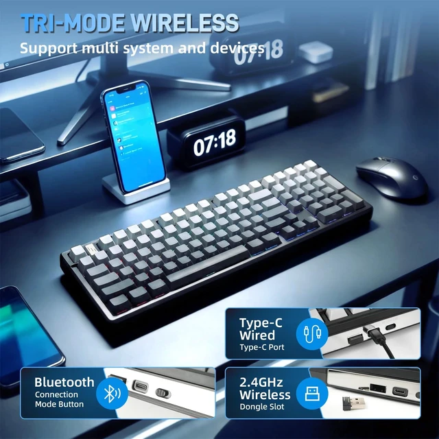 Alt view image 4 of 5 - MMViCTY K98 Tri-Mode Wireless Mechanical Keyboard 98 Keys, Hot Swappable Pre-Lubed Switches, Gasket Mount BT5.0/2.4G/USB-C RGB Backlit PBT Keyboards with 5000/10000mAh Battery for Gaming & Offi