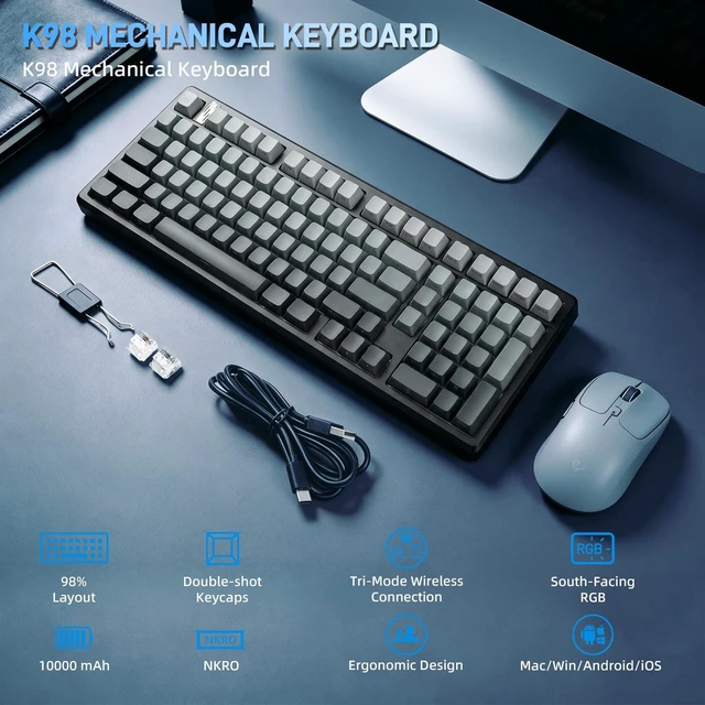 Alt view image 2 of 5 - MMViCTY K98 Tri-Mode Wireless Mechanical Keyboard 98 Keys, Hot Swappable Pre-Lubed Switches, Gasket Mount BT5.0/2.4G/USB-C RGB Backlit PBT Keyboards with 5000/10000mAh Battery for Gaming & Offi
