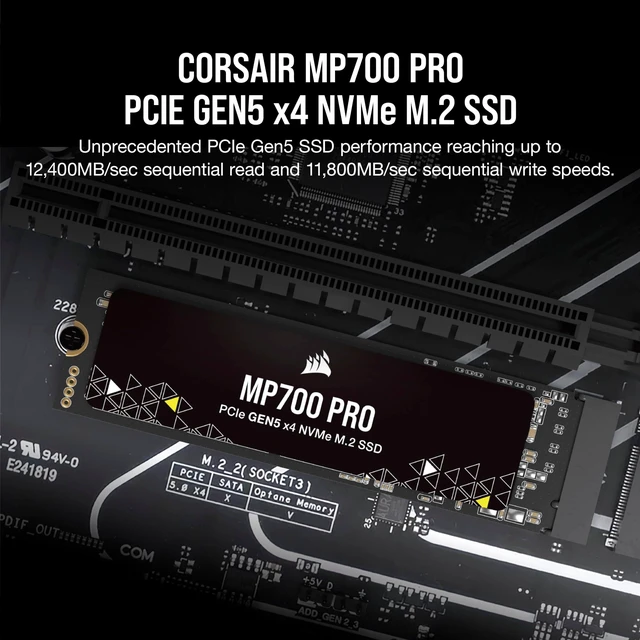 Alt view image 2 of 5 - Corsair MP700 PRO 1TB M.2 PCIe Gen5 x4 NVMe 2.0 SSD M.2 2280 Up to 11,700MB/sec Sequential Read High-Density TLC NAND Black