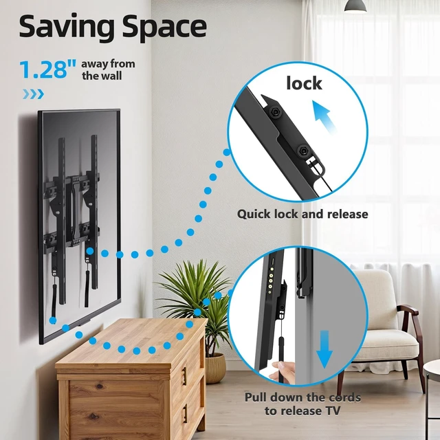 Alt view image 2 of 5 - UL Listed Fixed TV Wall Mount for 37-86 Inch Screens, Low Profile TV Mount Fits 16", 18", 24" Studs, Wall Mount Bracket with Quick Release Lock, Max VESA 600x400mm, Holds up to 132 lbs by USX STAR