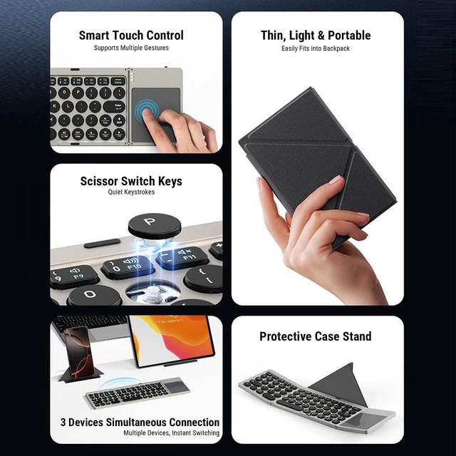 Alt view image 2 of 5 - PUSOKEI Foldable Bluetooth Keyboard with Touchpad, Portable Wireless Keyboard with PU Leather Cover, Connect Up to 3 Devices, Silent Rechargeable Keyboards for Tablet Laptop